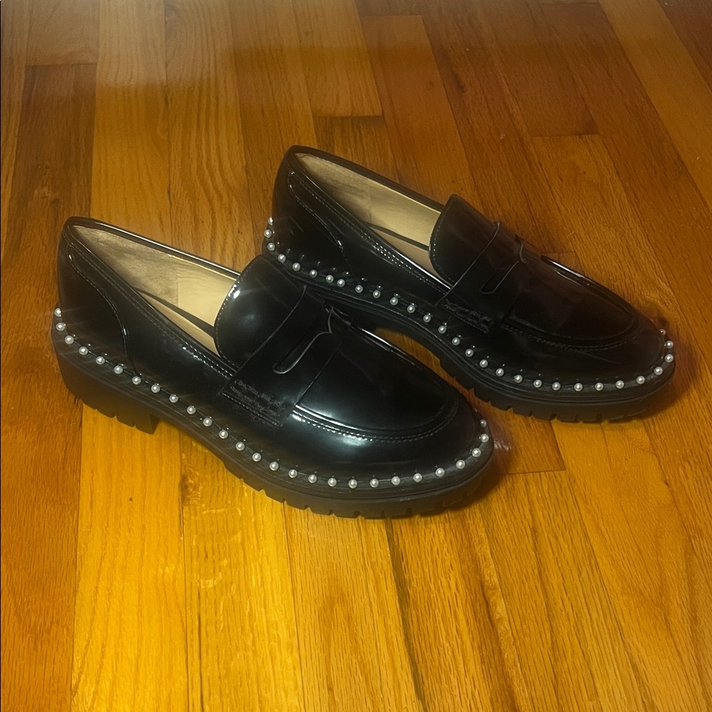 INC International Concepts Black Leather Loafers with Pearl Accents
